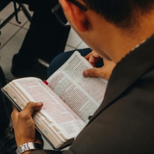 High angle back view of crop unrecognizable male in casual wear and eyeglasses sitting on bench and reading book in public place