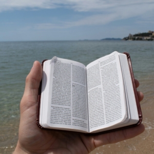 A hand holds an open bible at the beach.