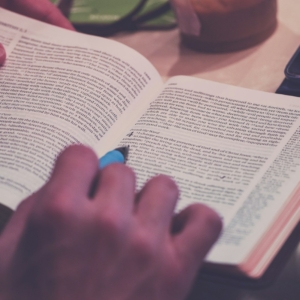 person holding blue pen